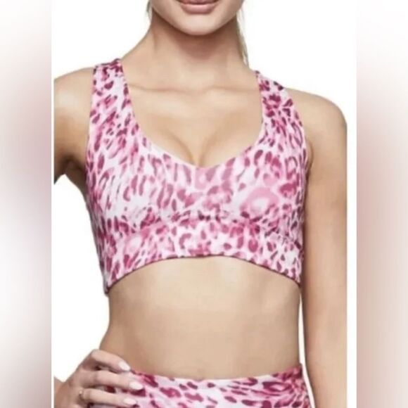 Good American pink Leopard Criss Cross Back Sports Bra. 3 size L or 10/12 - Picture 1 of 8
